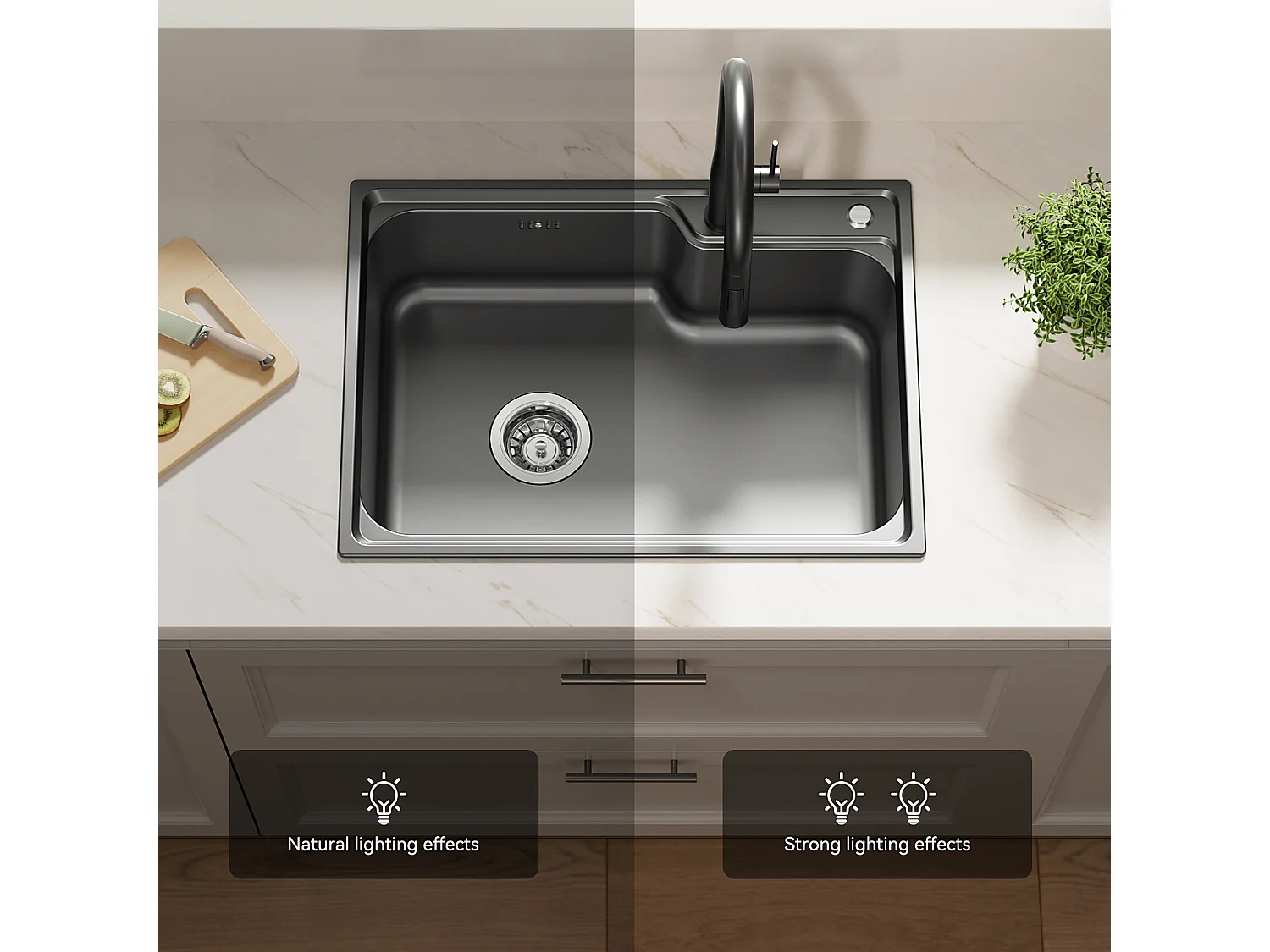 Auralum Max Évier Cuisine 1 Bac 62*45*21CM,en Inox PVD Nano Vasque à Poser,Noir+Mitigeur Cuisine Pivotant à 360°,Barboteur Démontable,Noir