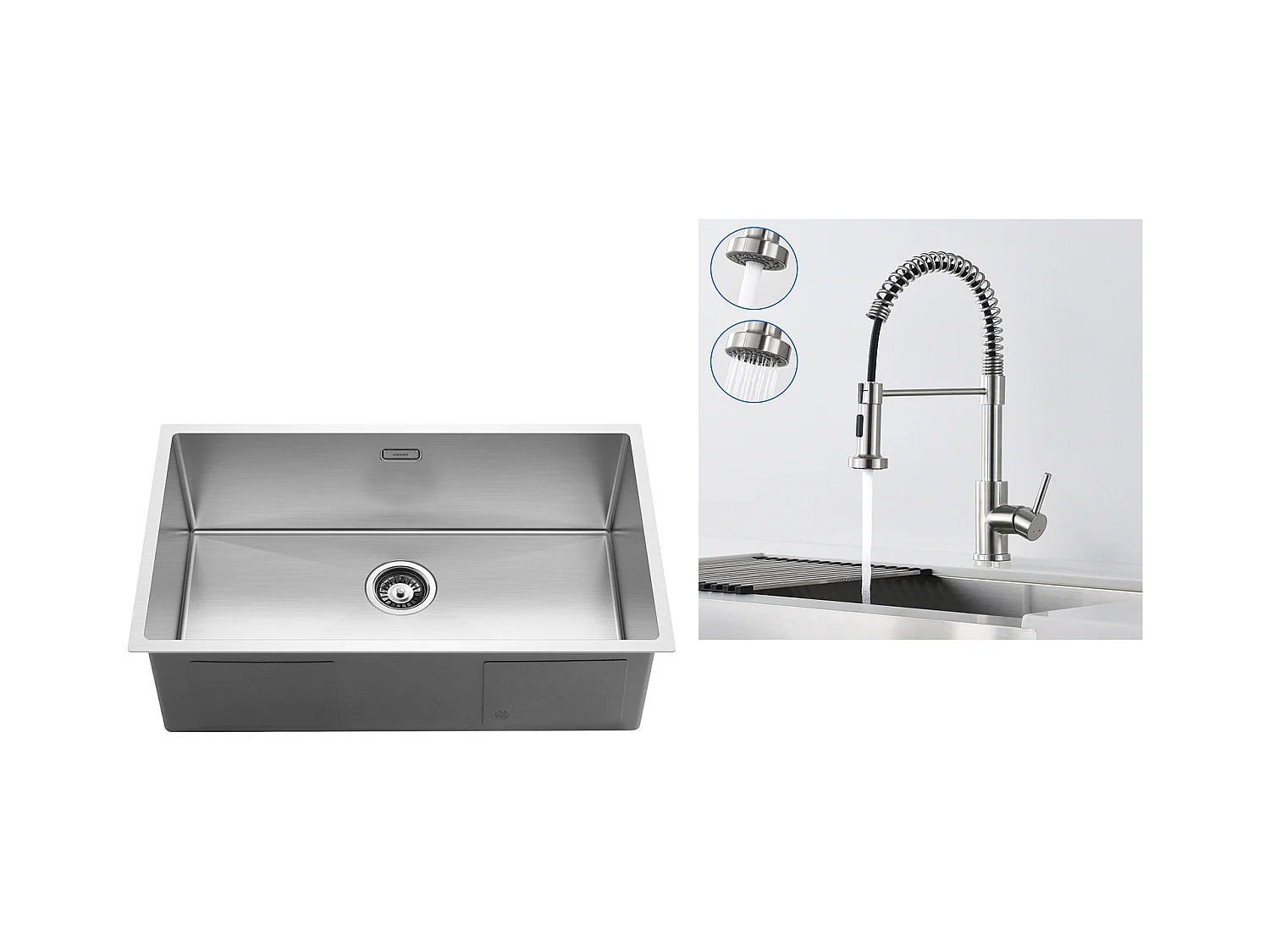 Évier Cuisine 1 Bac 74*44*20CM Évier Brossé avec Siphon et Trop-Plein+Robinet de Cuisine à Ressort avec Douchette Extensible,2