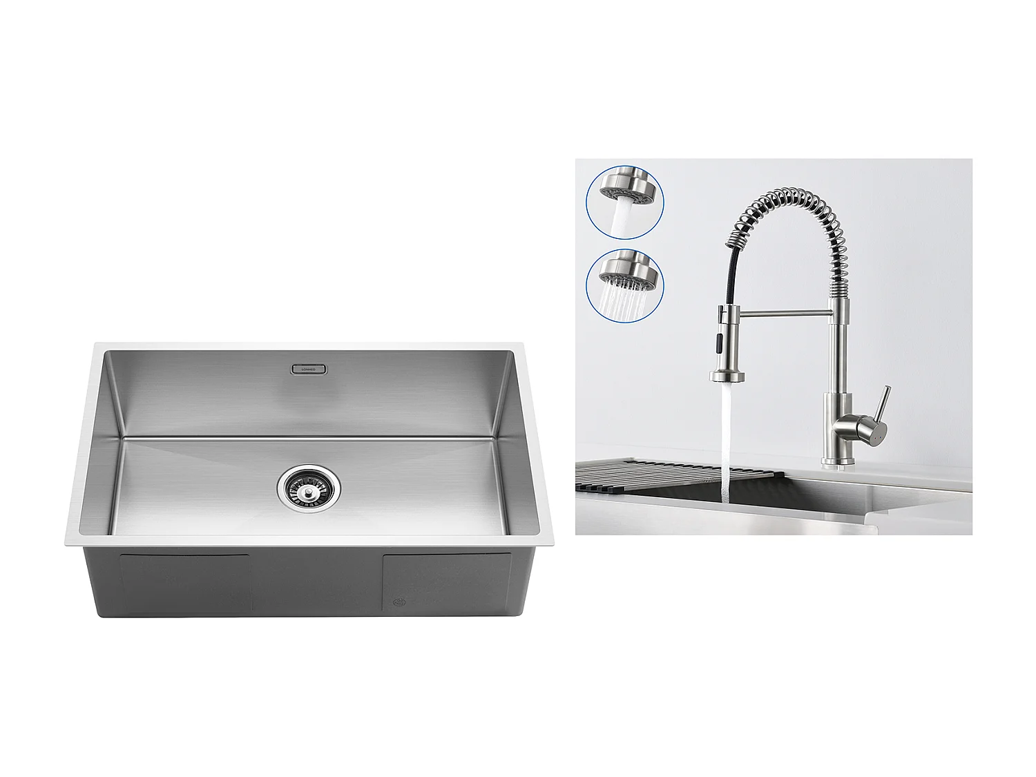 Lavello da cucina 1 Vassoio 74*44*20CM Lavello Spazzolato con Sifone e Troppo pieno+Rubinetto da cucina a molla con doccia allungabile,2