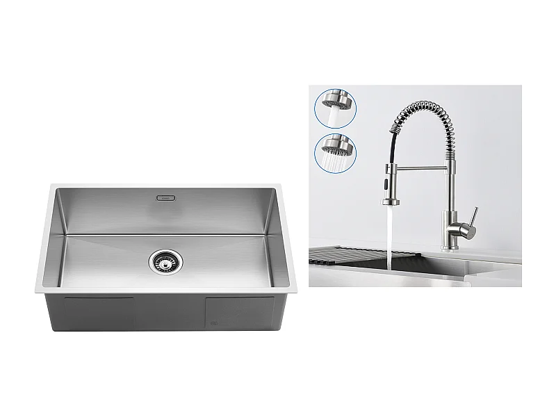 Aanrecht 1 Bak 74*44*20CM Geborstelde Spoelbak met Sifon en Overloop + Veer Keukenkraan met Uitschuifbare Handdouche,2