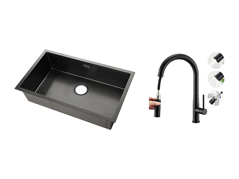 1 Becken Küchenspüle 74*44*20CM, Edelstahl mit Siphon/Überlauf + Küchenarmatur mit ausziehbarer Brause, Kalt-/Warmwasser, U-förmiger Auslauf, schwarz