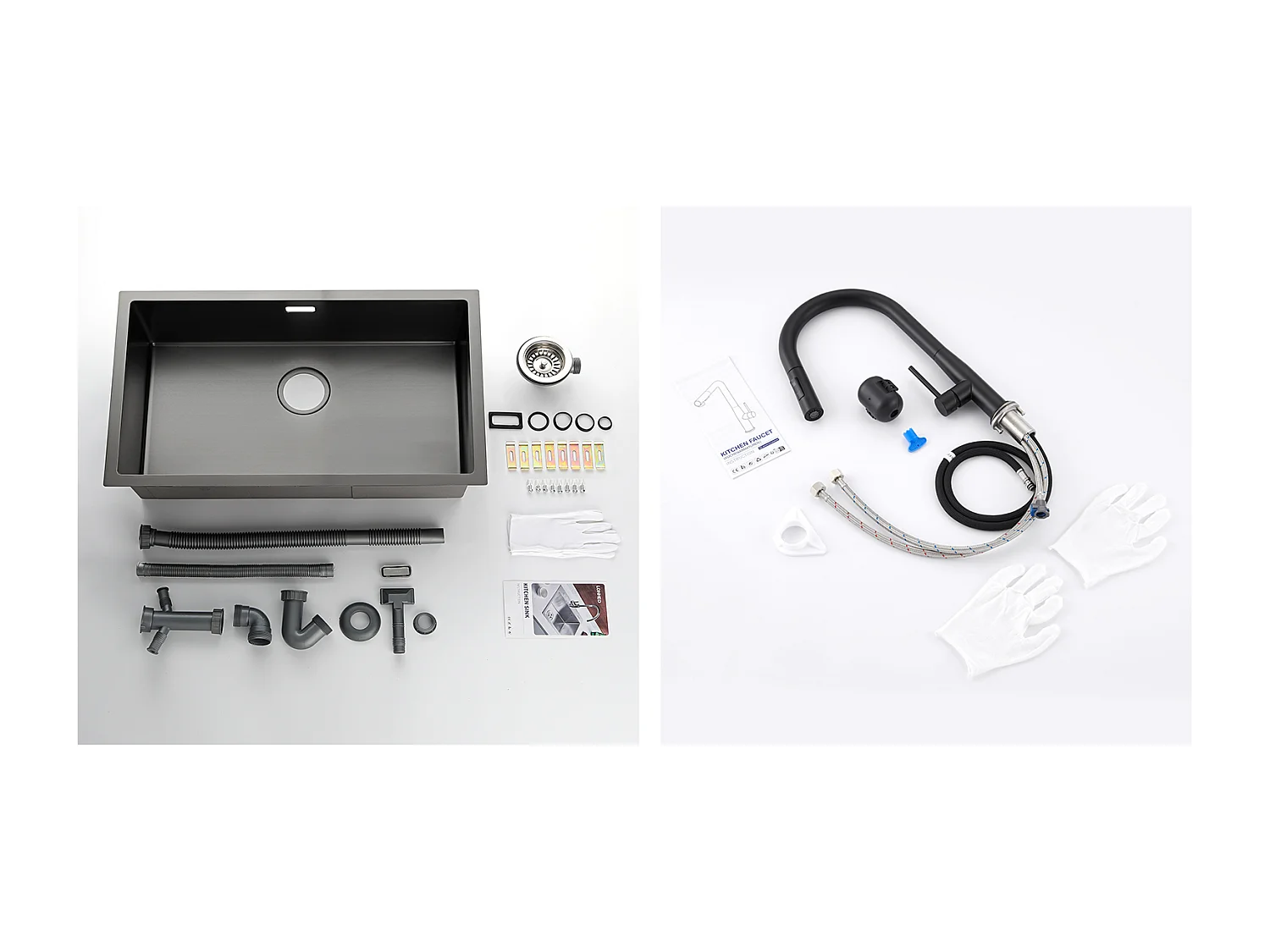 Évier Cuisine 1 Bac 74*44*20CM,Inox avec Siphon/Trop-Plein+Robinet Cuisine avec Douchette Extractible,Eau Froide /Chaude,Bec en Forme de U,Noir