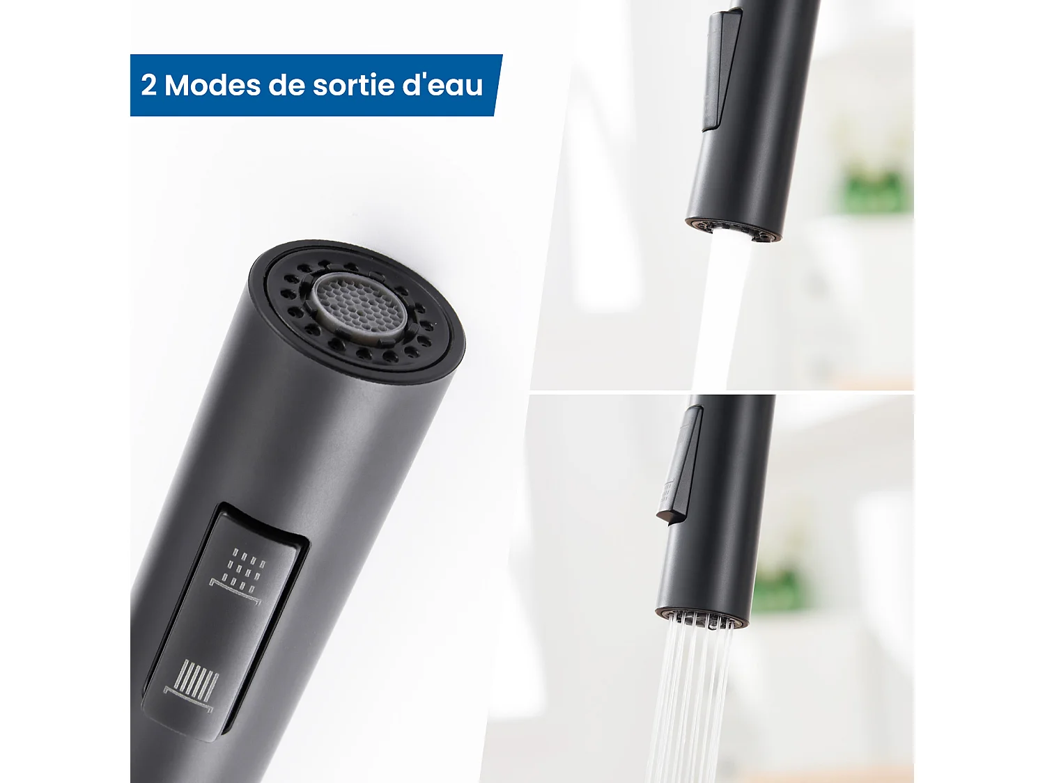 Évier Cuisine 1 Bac 74*44*20CM,Inox avec Siphon/Trop-Plein+Robinet Cuisine avec Douchette Extractible,Eau Froide /Chaude,Bec en Forme de U,Noir