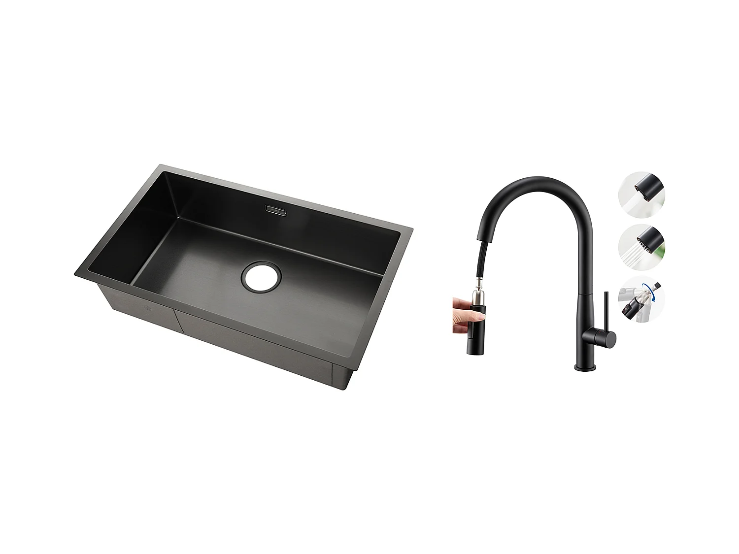 Évier Cuisine 1 Bac 74*44*20CM,Inox avec Siphon/Trop-Plein+Robinet Cuisine avec Douchette Extractible,Eau Froide /Chaude,Bec en Forme de U,Noir