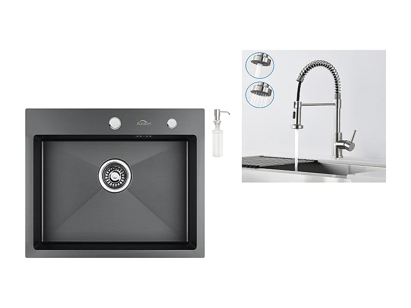   Évier Cuisine 1 Bac 55*45CM Noir+Robinet de Cuisine à Ressort avec Douchette Extensible,2 Modes, Pivotant à 360°,Brossé