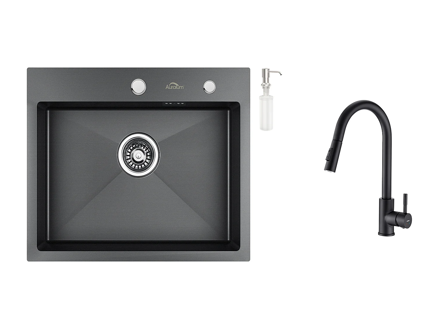 Évier Cuisine 1 Bac 55*45CM Noir+Robinet de Cuisine Noir,  Inox Extractible Rotatif à 360 °, 2 Fonctions