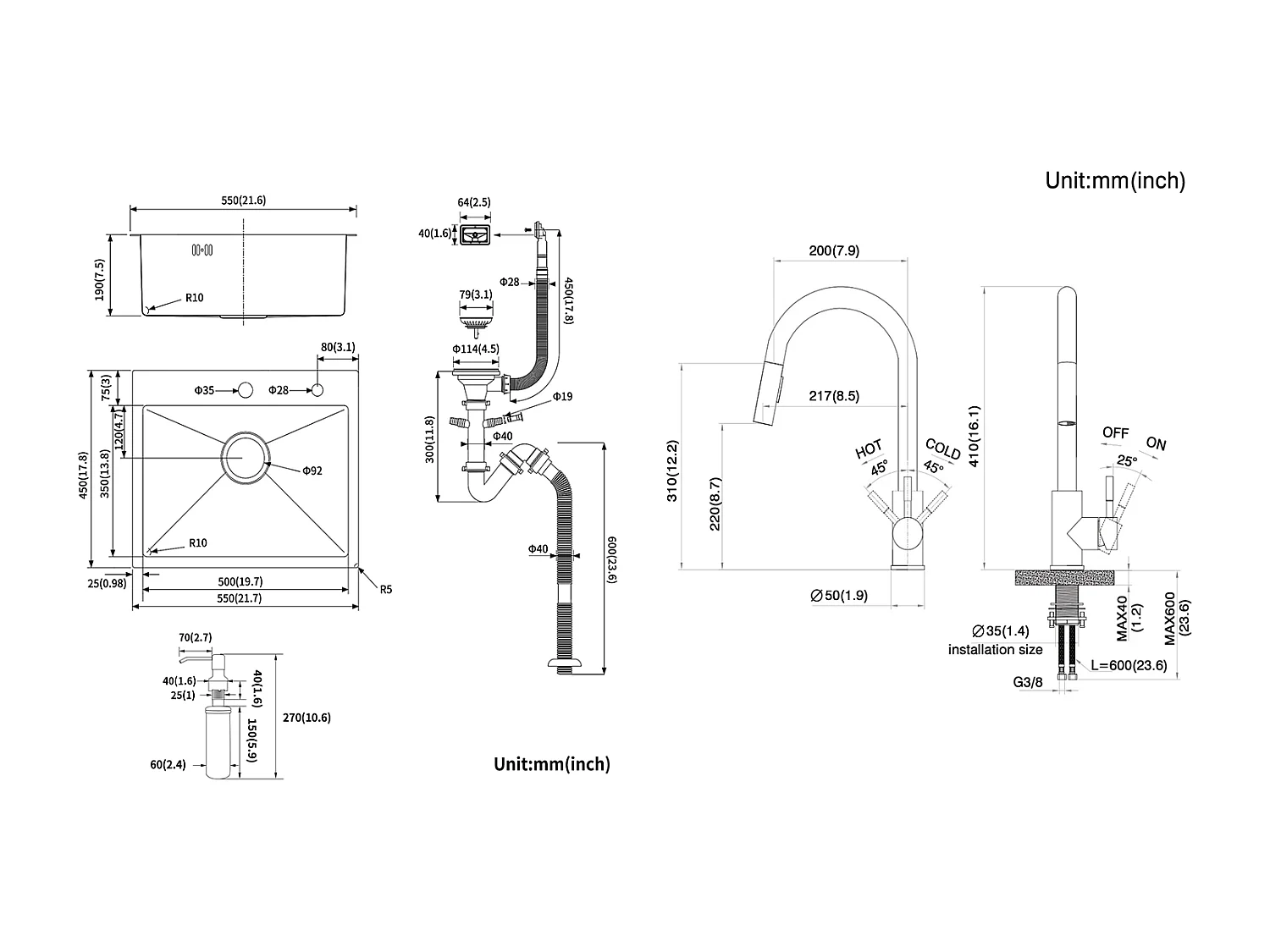 Évier Cuisine 1 Bac 55*45CM Noir+Robinet de Cuisine Noir,  Inox Extractible Rotatif à 360 °, 2 Fonctions