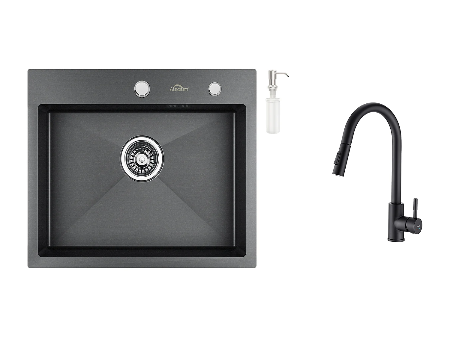 Évier Cuisine 1 Bac 55*45CM Noir+Robinet de Cuisine Noir,  Inox Extractible Rotatif à 360 °, 2 Fonctions