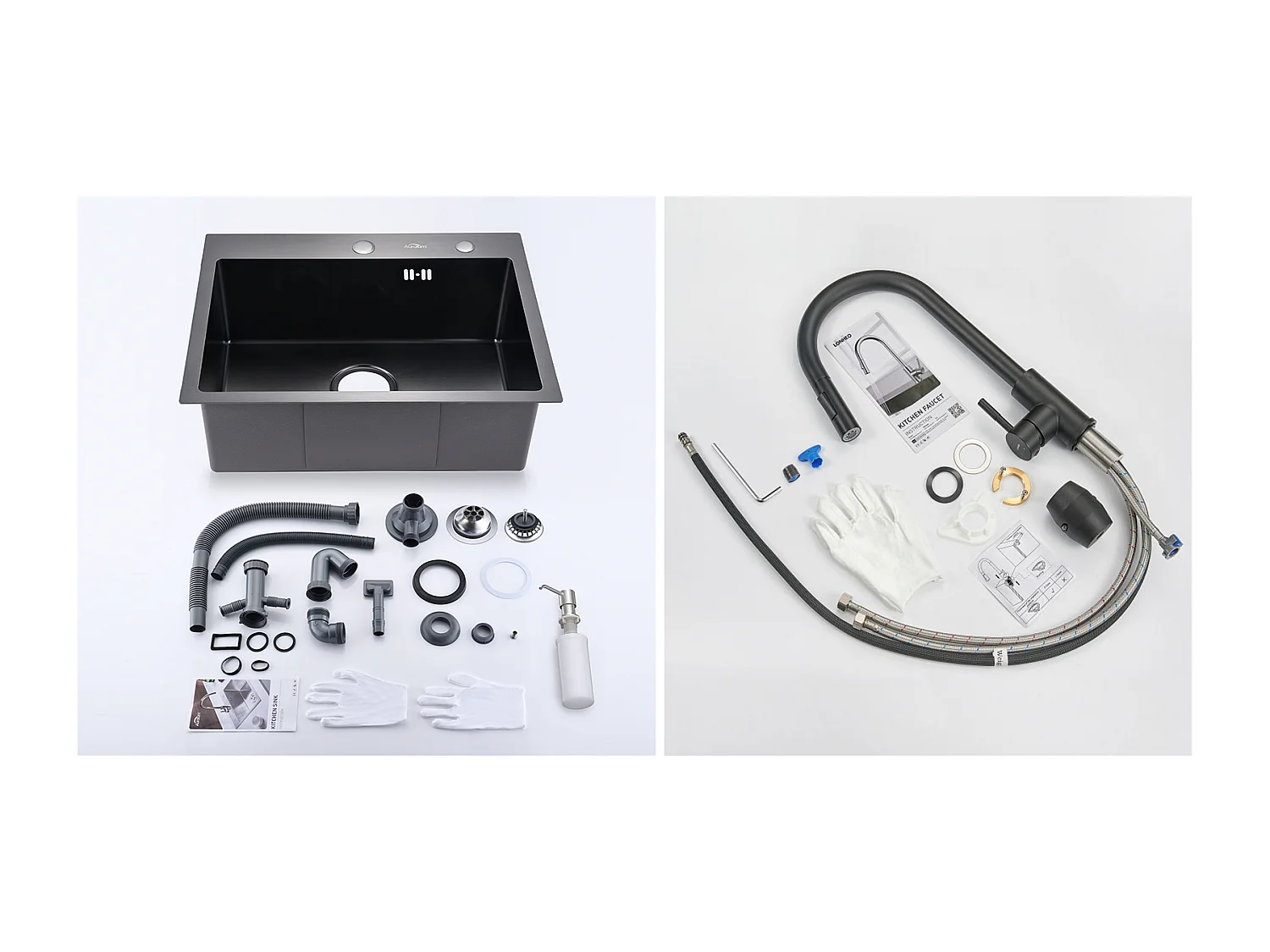 Évier Cuisine 1 Bac 55*45CM Noir+Robinet de Cuisine Noir,  Inox Extractible Rotatif à 360 °, 2 Fonctions