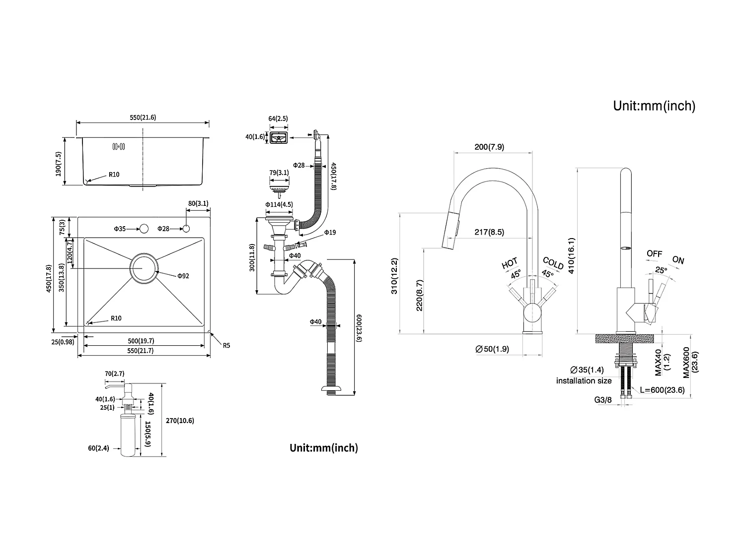 Évier Cuisine 1 Bac 55*45CM Noir+Robinet de Cuisine Noir,  Inox Extractible Rotatif à 360 °, 2 Fonctions