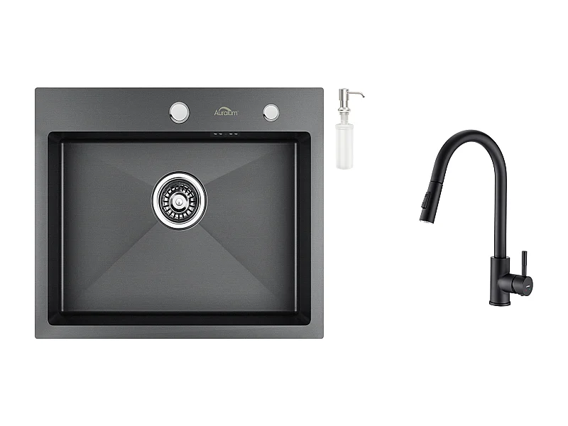 Évier Cuisine 1 Bac 55*45CM Noir+Robinet de Cuisine Noir,  Inox Extractible Rotatif à 360 °, 2 Fonctions