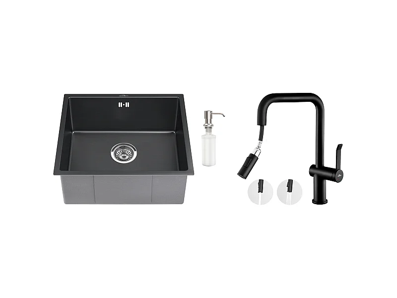 Évier Noir 1 Bac 50x43x18,5CM,Acier Inoxydable, Distrubuteur de savon+Robinet de Cuisine avec Douchette Extractible Rotatif 360 °2 Fon