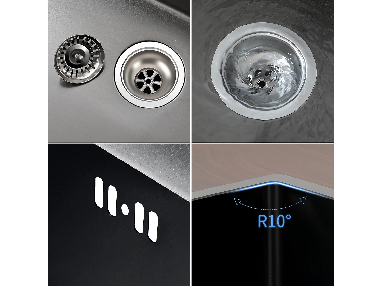 Lavello Nero 1 Vassoio 50x43x18,5CM, Acciaio Inossidabile, Distrubitore di sapone+Rubinetto da Cucina con Doccetta Estraibile Rotante 360 °2 Fon