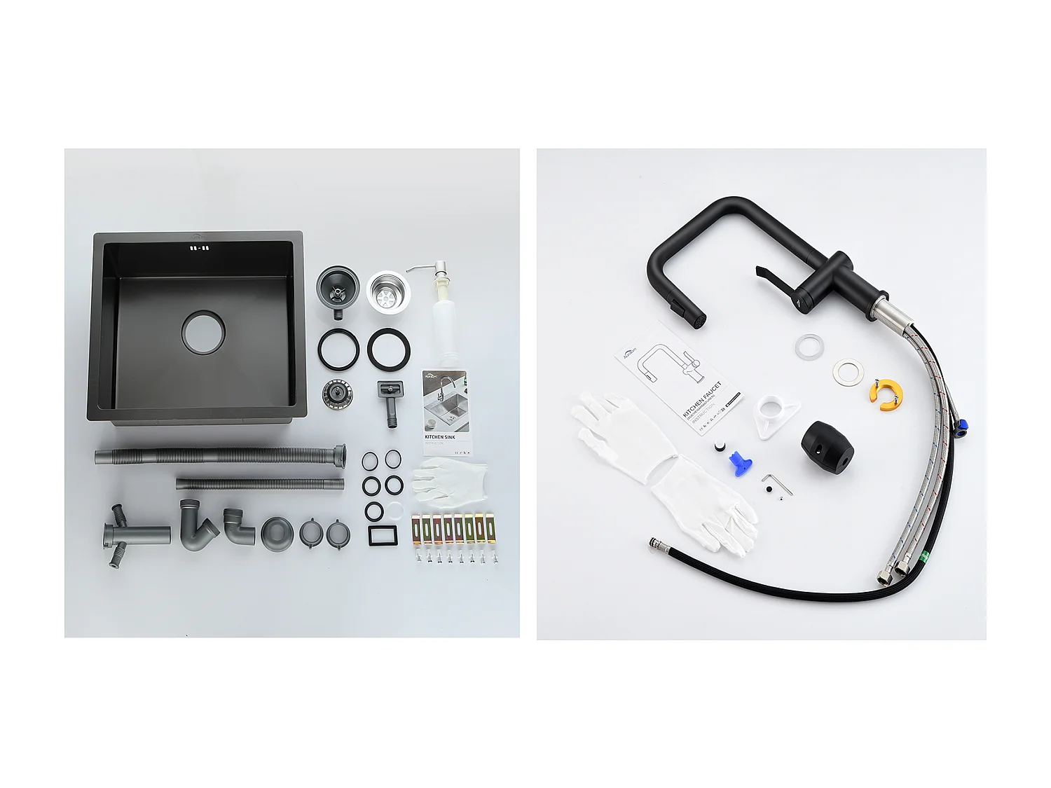 Lavello Nero 1 Vassoio 50x43x18,5CM, Acciaio Inossidabile, Distrubitore di sapone+Rubinetto da Cucina con Doccetta Estraibile Rotante 360 °2 Fon