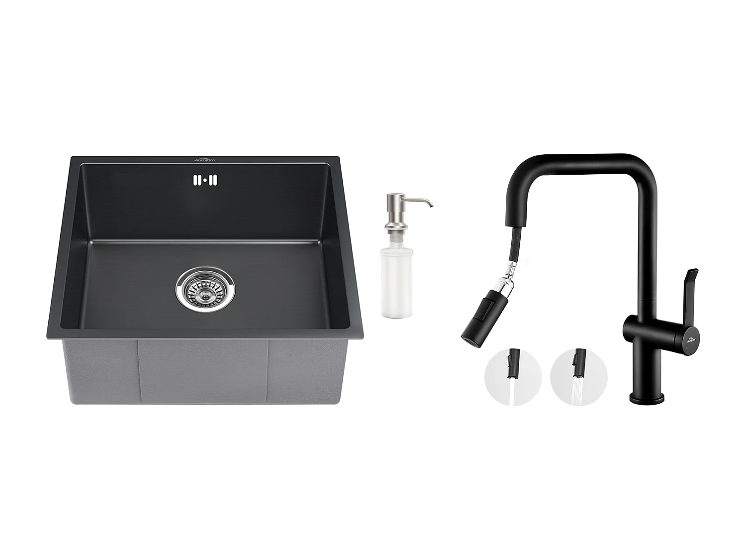 Fregadero Negro 1 Bandeja 50x43x18,5CM, Acero Inoxidable, Distributor de Jabón+Grifo de Cocina con Ducha Extragible Rotativa 360 °2 Fon