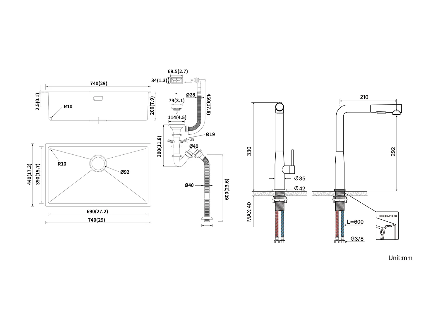 Évier Cuisine 1 Bac 74*44*20CM,Inox Brossé avec Siphon et Trop-Plein+Robinet Cuisine avecDouchette Extractible Rotatif 360°,2 Jets,Noir