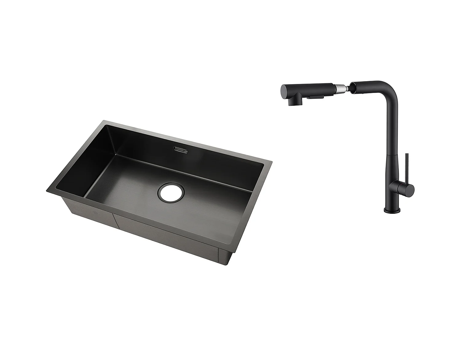 Évier Cuisine 1 Bac 74*44*20CM,Inox Brossé avec Siphon et Trop-Plein+Robinet Cuisine avecDouchette Extractible Rotatif 360°,2 Jets,Noir