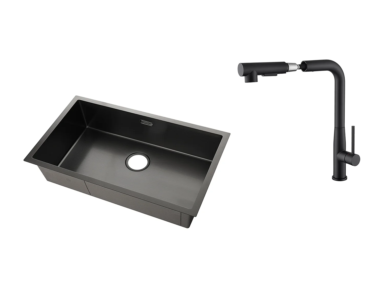 Évier Cuisine 1 Bac 74*44*20CM,Inox Brossé avec Siphon et Trop-Plein+Robinet Cuisine avecDouchette Extractible Rotatif 360°,2 Jets,Noir