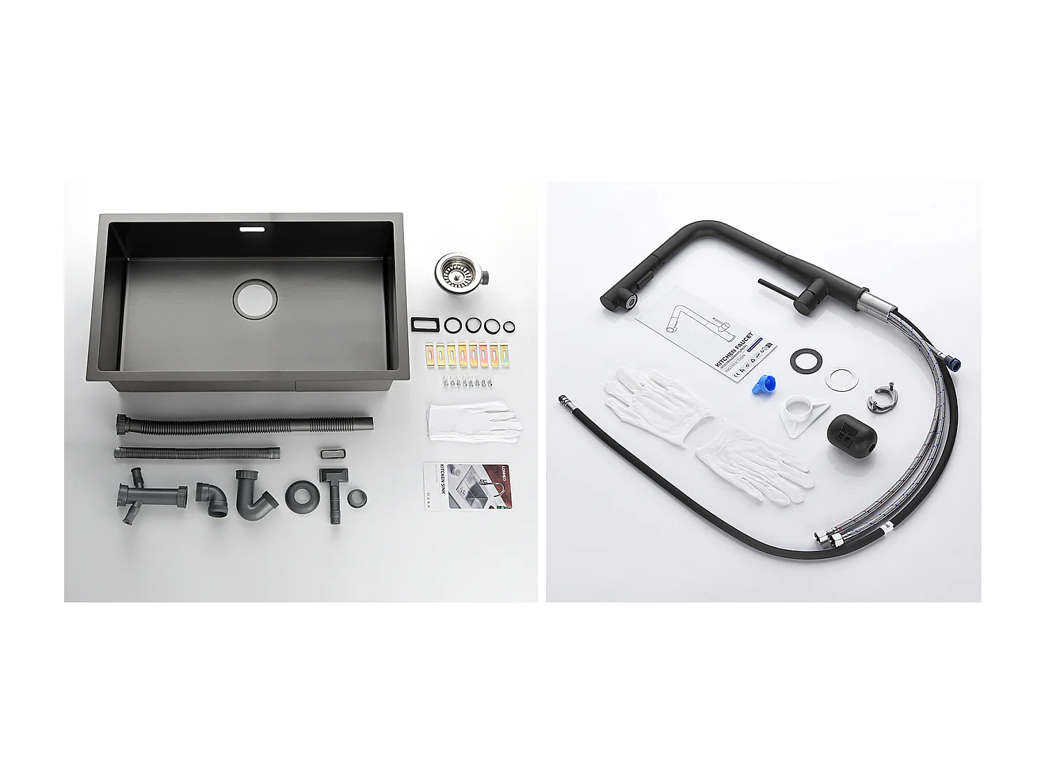 Évier Cuisine 1 Bac 74*44*20CM,Inox Brossé avec Siphon et Trop-Plein+Robinet Cuisine avecDouchette Extractible Rotatif 360°,2 Jets,Noir