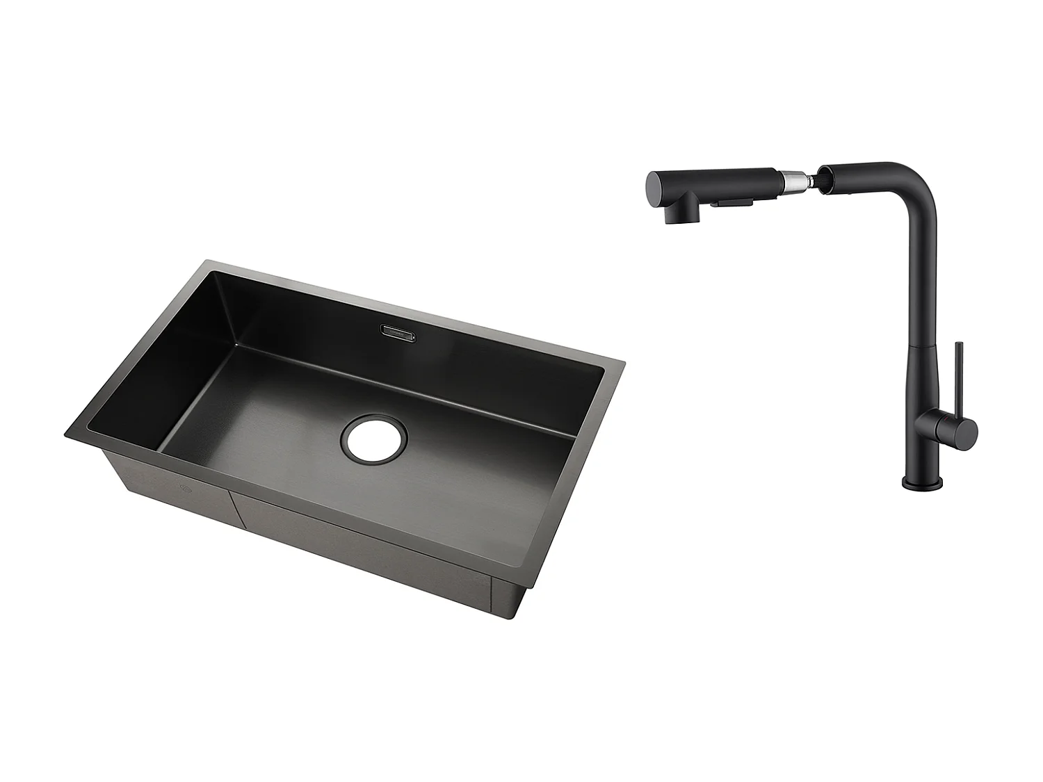 Évier Cuisine 1 Bac 74*44*20CM,Inox Brossé avec Siphon et Trop-Plein+Robinet Cuisine avecDouchette Extractible Rotatif 360°,2 Jets,Noir