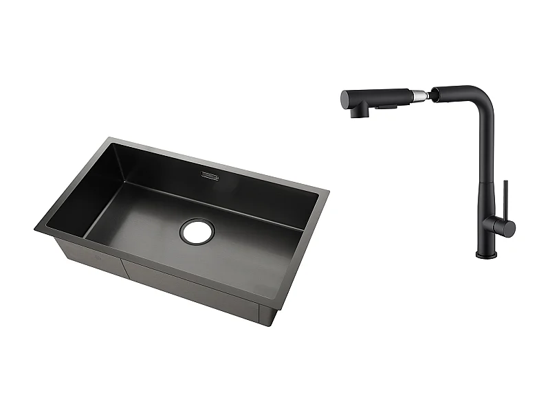 Évier Cuisine 1 Bac 74*44*20CM,Inox Brossé avec Siphon et Trop-Plein+Robinet Cuisine avecDouchette Extractible Rotatif 360°,2 Jets,Noir