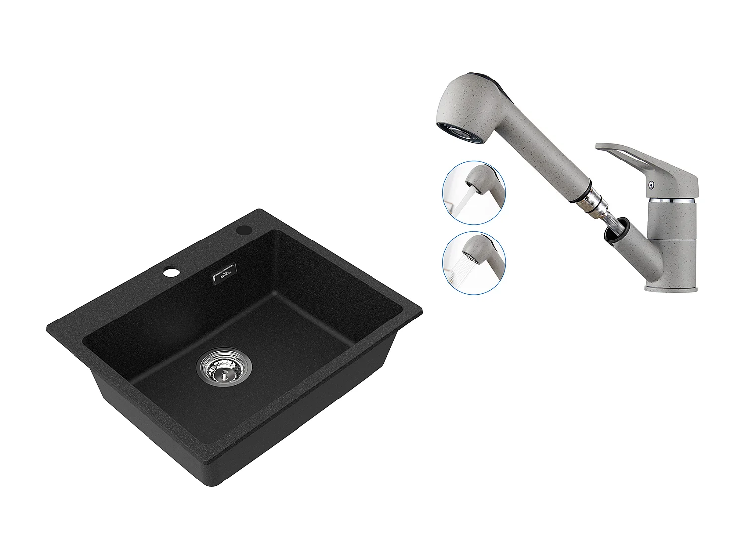 1 Bac Évier Cuisine en Granit,55*45*20cm,Kit de Vidage,Noir+Robinet Cuisine avec Douchette Extractible 2 Jets,Eau Froide/Chaude,Gris