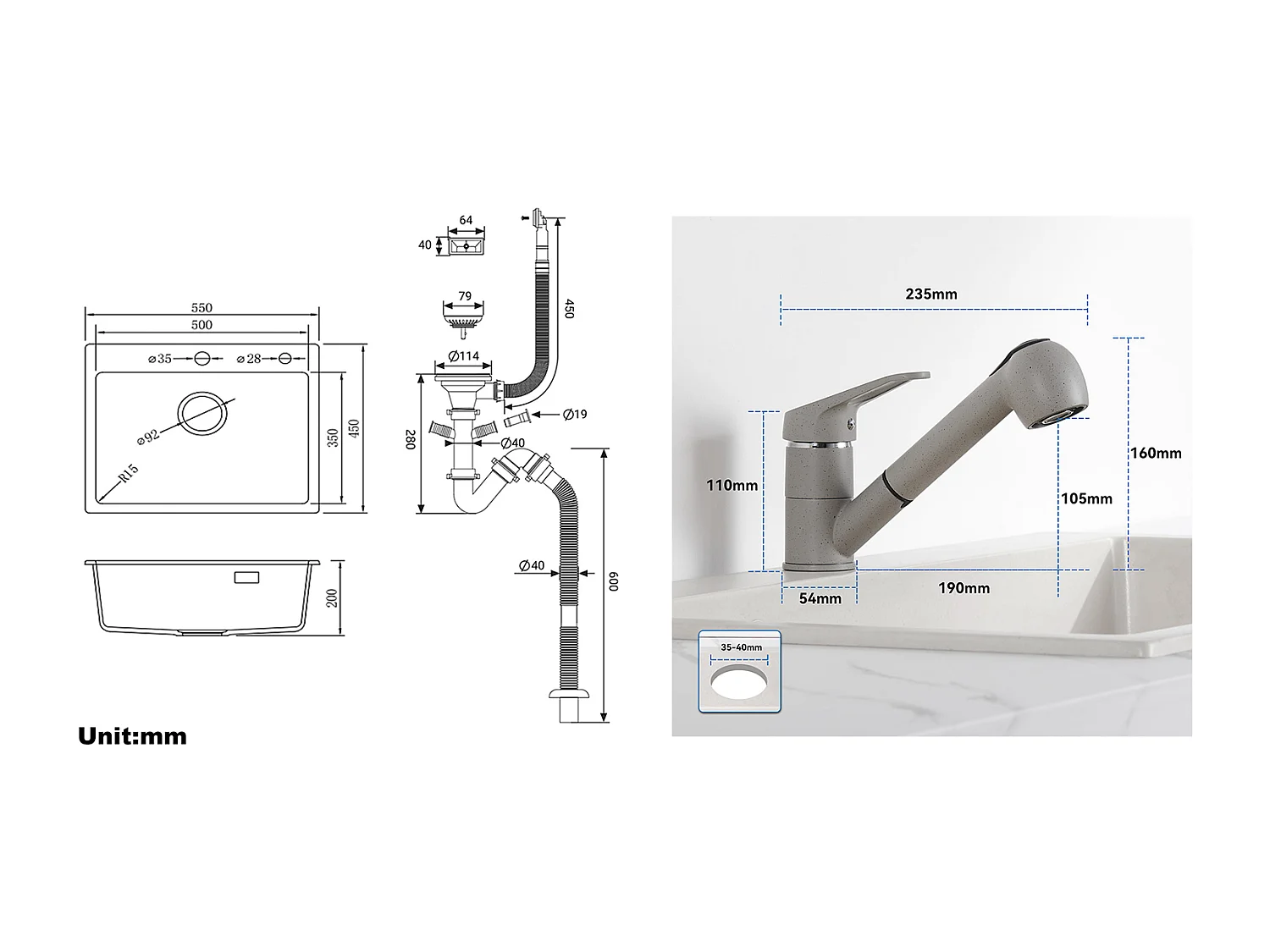 1 Bac Évier Cuisine en Granit,55*45*20cm,Kit de Vidage,Noir+Robinet Cuisine avec Douchette Extractible 2 Jets,Eau Froide/Chaude,Gris