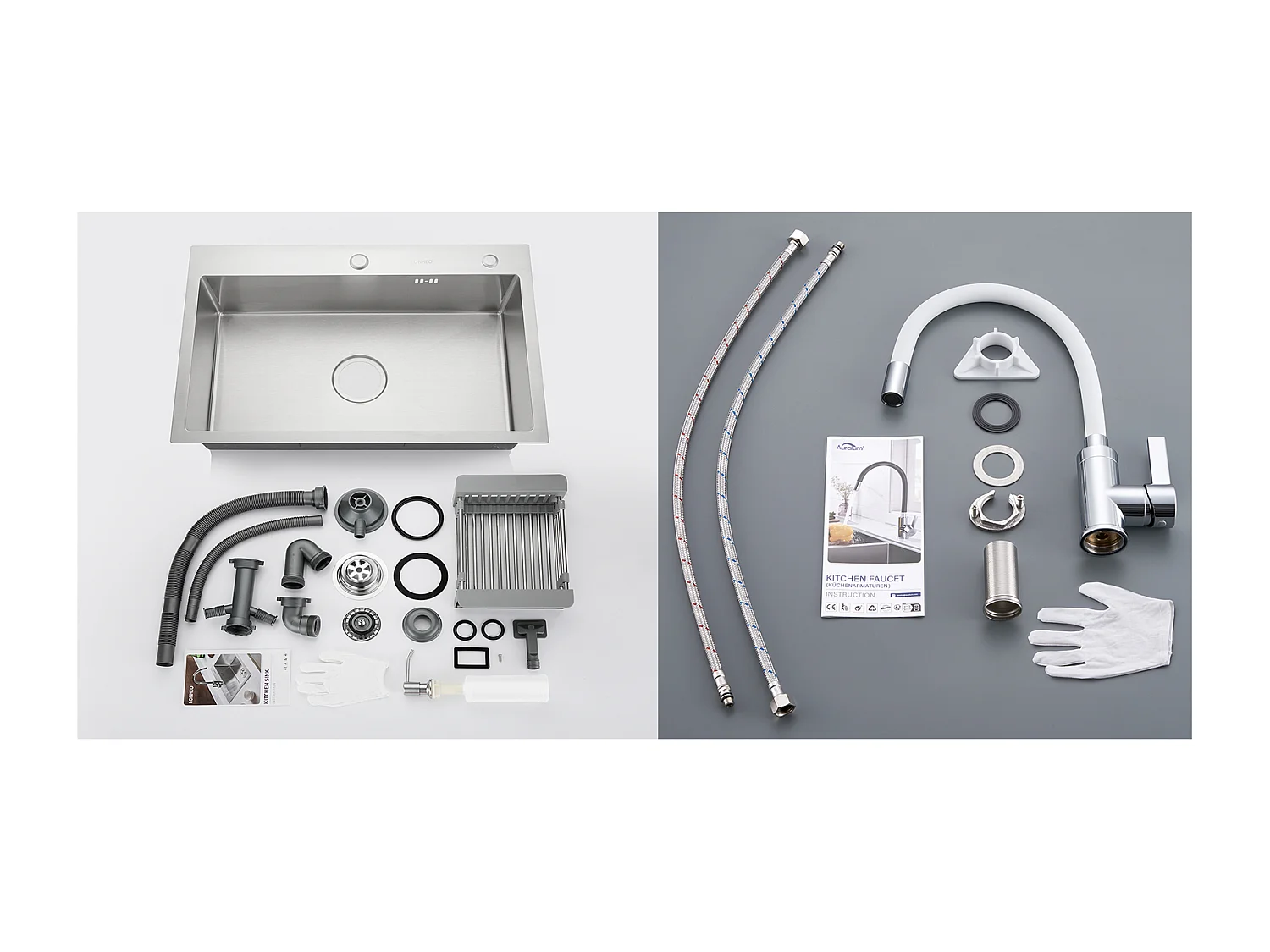 2 en1 Évier Cuisine Brossé 68x45x19CM avec Distrubuteur savon Égouttoir Panier+Robinet Cuisine Flexible Bec Haut Orientable Librement,Blanc