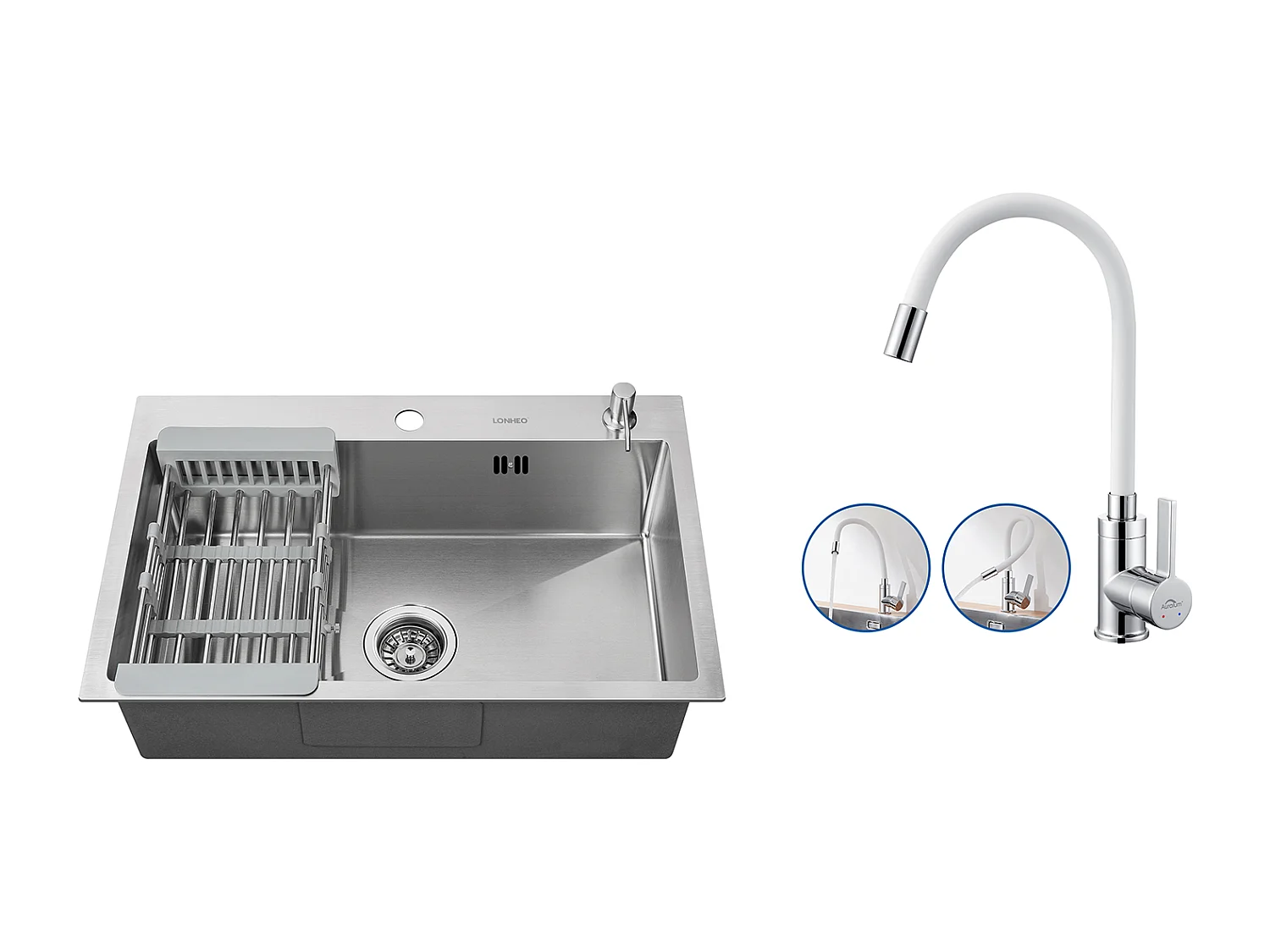2 en1 Évier Cuisine Brossé 68x45x19CM avec Distrubuteur savon Égouttoir Panier+Robinet Cuisine Flexible Bec Haut Orientable Librement,Blanc