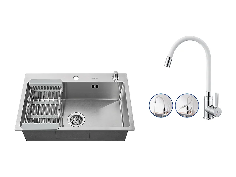 2 en1 Évier Cuisine Brossé 68x45x19CM avec Distrubuteur savon Égouttoir Panier+Robinet Cuisine Flexible Bec Haut Orientable Librement,Blanc