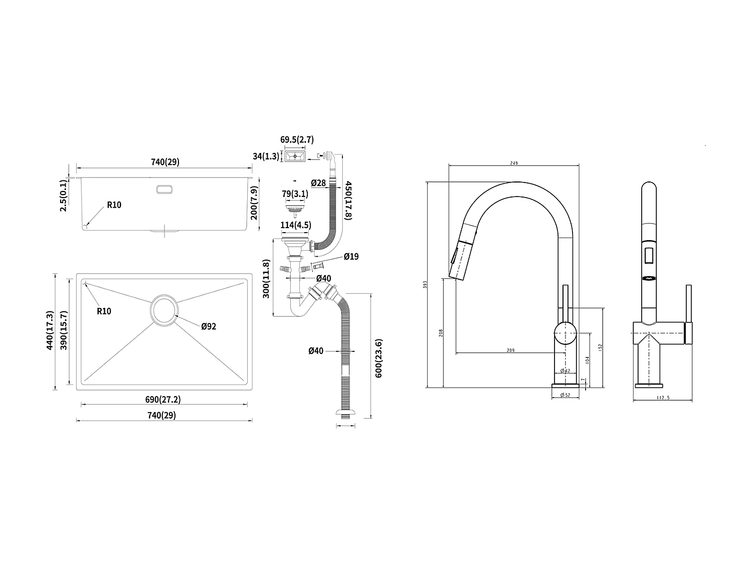 Fregadero Cocina 1 Bandeja 74*44*20CM 304 Inox Fregadero Cepillado con Sifón y Trop-Plein +Grifo de cocina retráctil de dos funciones