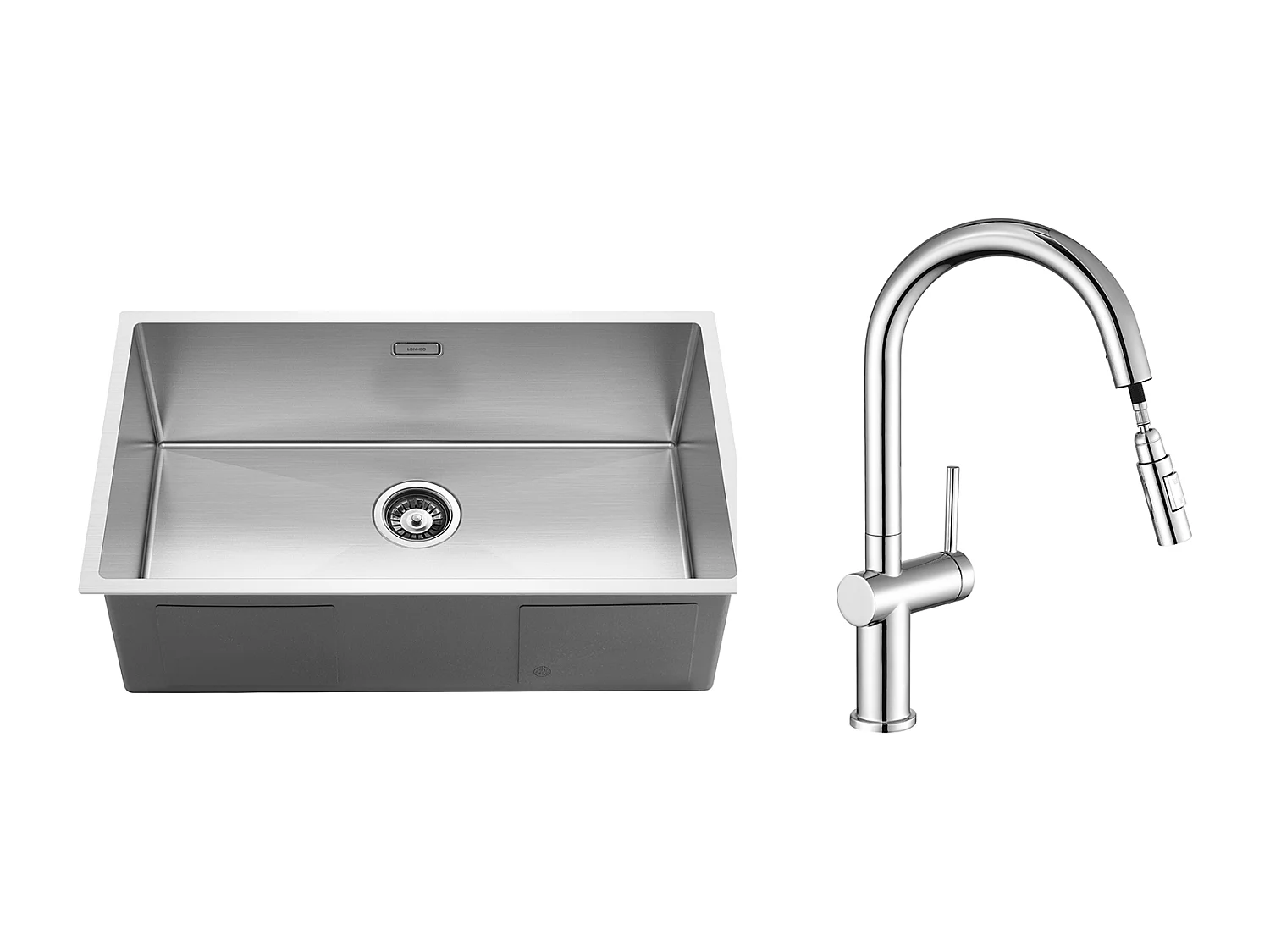 Küchenspüle 1 Becken 74*44*20CM 304 Edelstahl gebürstet Spüle mit Siphon und Überlauf + ausziehbarer Küchenarmatur mit zwei Funktionen