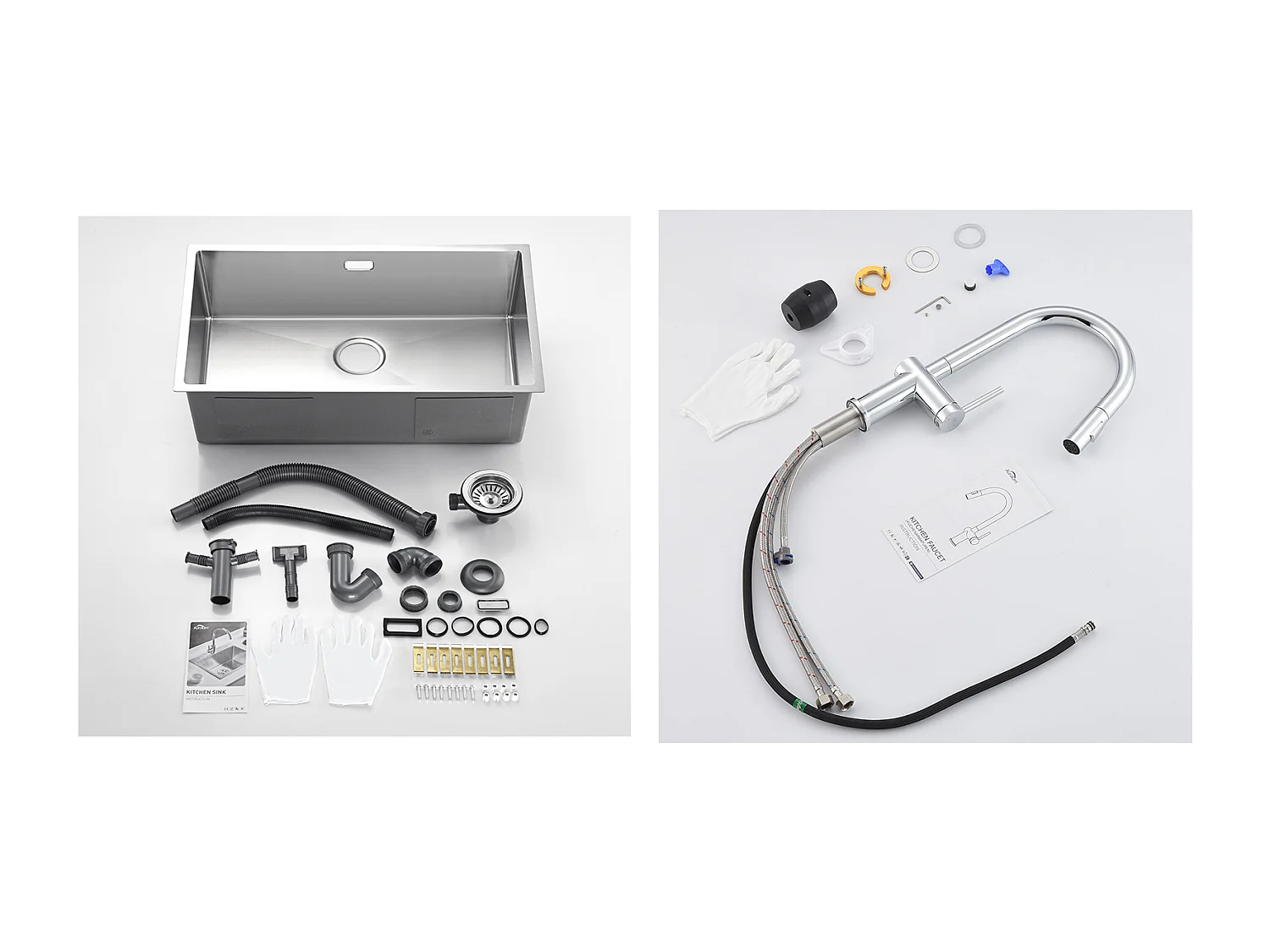 Évier Cuisine 1 Bac 74*44*20CM 304 Inox Évier Brossé avec Siphon et Trop-Plein +robinet de cuisine rétractable à deux fonctions