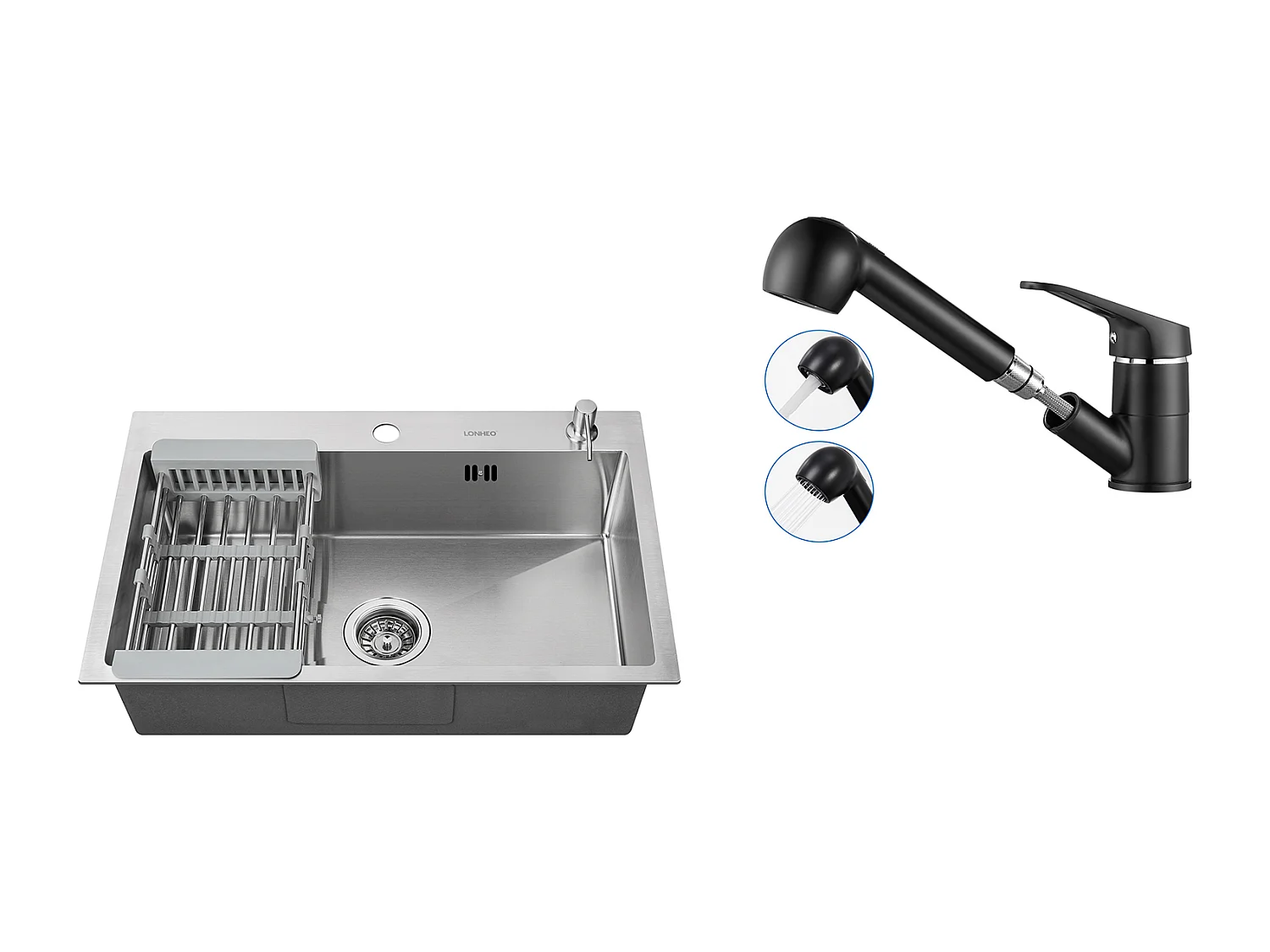 Fregadero Cocina Cepillado 68x45x19CM con Distrusor Jabón Escurridor Cesta+Gripo Cocina Negro con Ducha Extragible 2 Jets a 360°