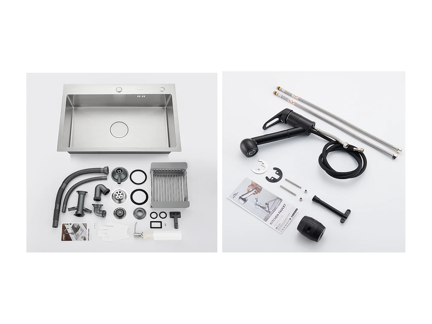 Évier Cuisine Brossé 68x45x19CM avec Distrubuteur savon Égouttoir Panier+Robinet Cuisine Noir avec Douchette Extractible 2 Jets à 360°