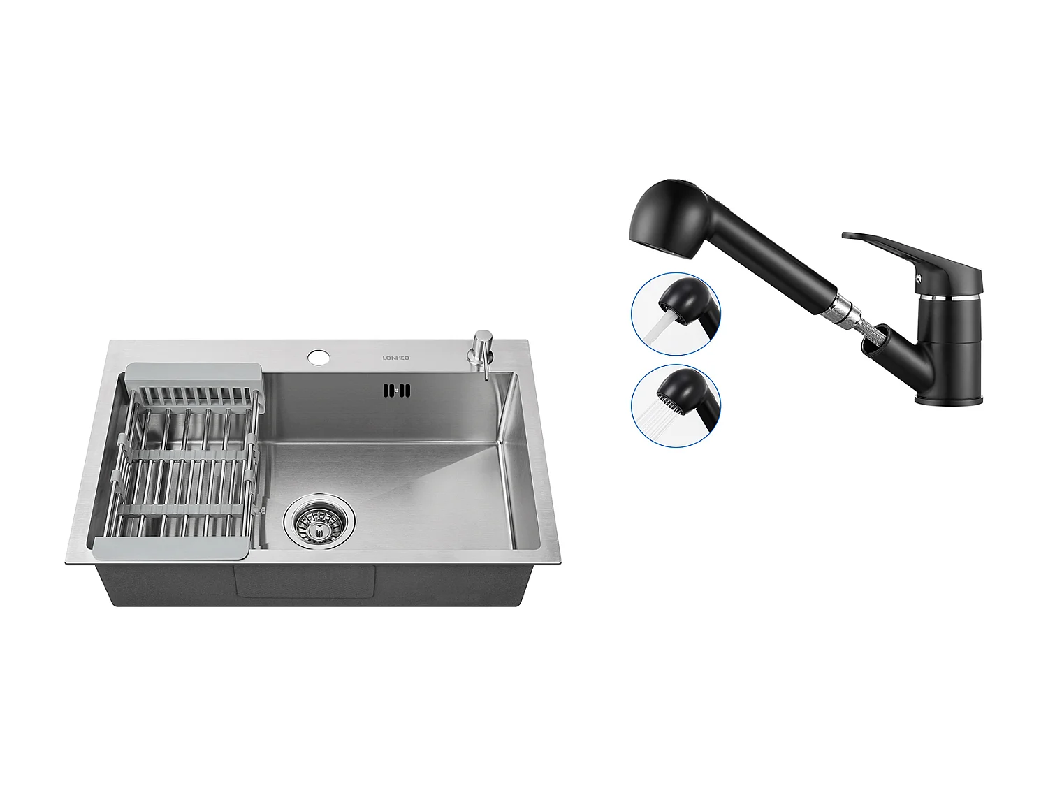 Évier Cuisine Brossé 68x45x19CM avec Distrubuteur savon Égouttoir Panier+Robinet Cuisine Noir avec Douchette Extractible 2 Jets à 360°