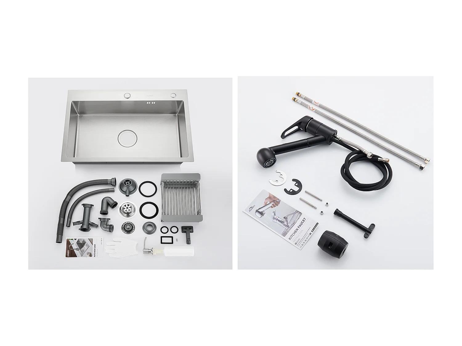 Évier Cuisine Brossé 68x45x19CM avec Distrubuteur savon Égouttoir Panier+Robinet Cuisine Noir avec Douchette Extractible 2 Jets à 360°