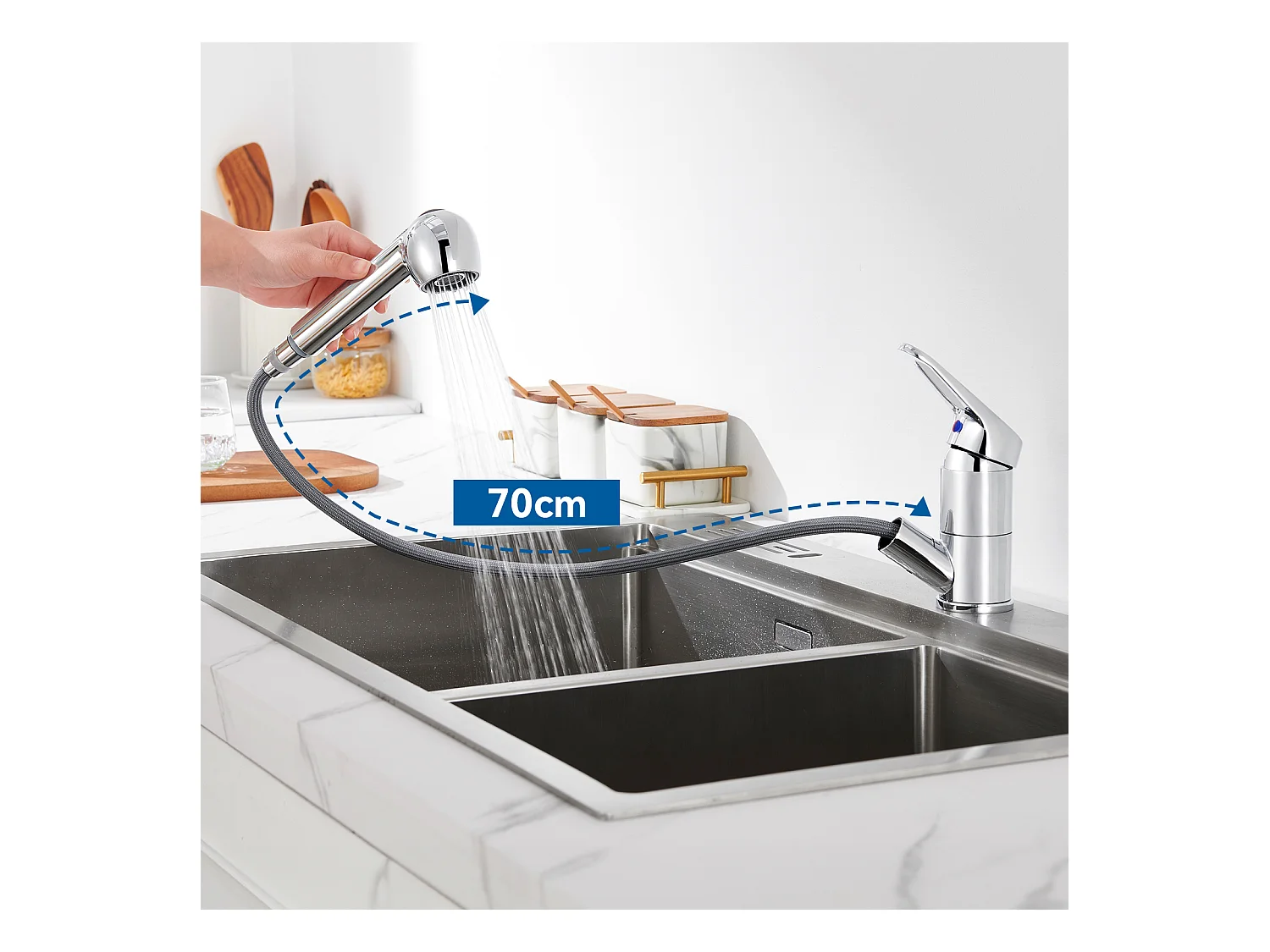 1-Bin Silber Küchenspüle, 44*49*20 CM, mit Seifenspender, Edelstahl + Küchenarmatur mit ausziehbarer Brause Chrom 360° drehbar, Chrom