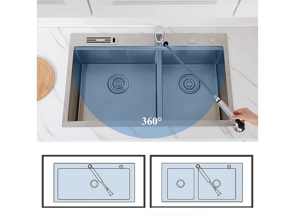 1-Bin Silber Küchenspüle, 44*49*20 CM, mit Seifenspender, Edelstahl + Küchenarmatur mit ausziehbarer Brause Chrom 360° drehbar, Chrom