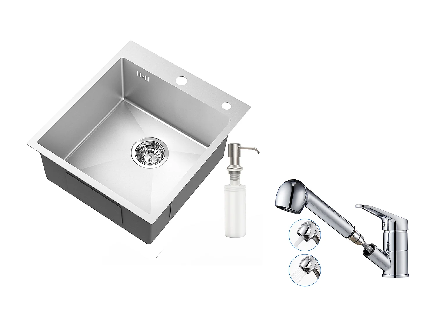 Évier Cuisine 1Bac Argent,44*49*20 CM,avec Distributeur Savon,Inox+Mitigeur de Cuisine avec Douchette Extractible Chrome Rotatif 360° ,Chromé