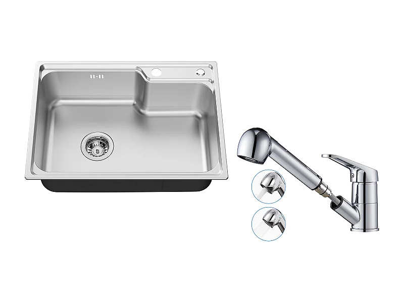 Auralum Max Évier Cuisine 1 Bac 62*45*21CM,en Acier Inoxydable PVD Nano Vasque à Poser,Argent+Mitigeur de Cuisine avec Douchette Extractible,Chromé