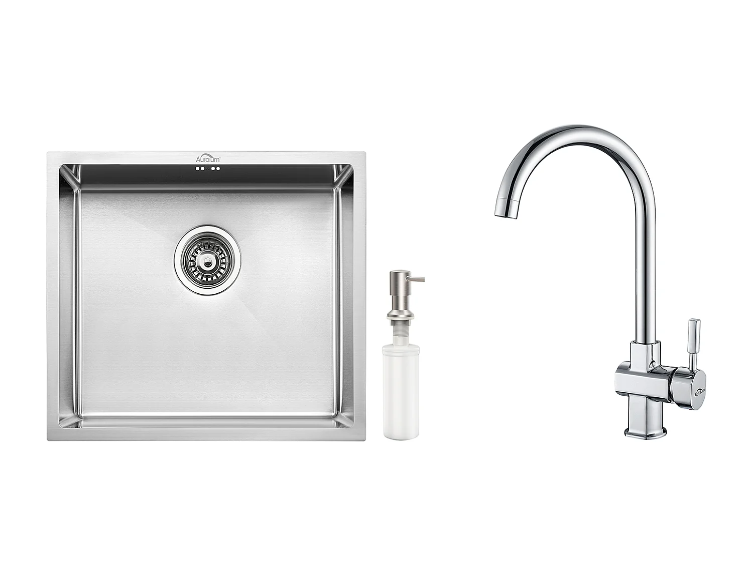 50*43*18CM Einzelbecken Edelstahl-Küchenspüle mit Seifenspender + 360° schwenkbarer Chrom-Küchenhahn Kalt-/Warmwasser