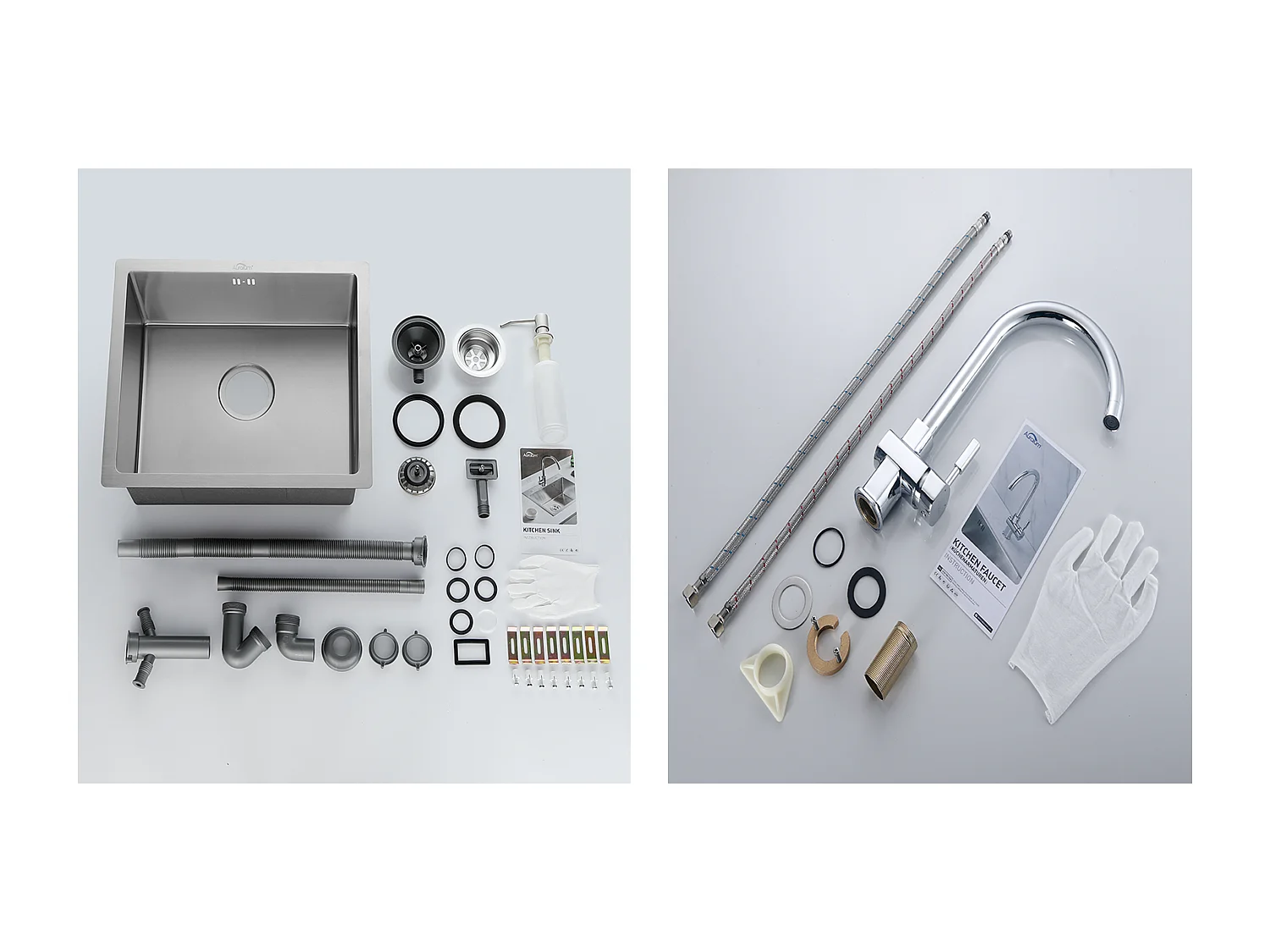 Évier de Cuisine Inox 1 Bac 50*43*18CM avec Distributeur de Savon+ Robinet de Cuisine Chromé Pivotant à 360° Eau Froide /Chaude