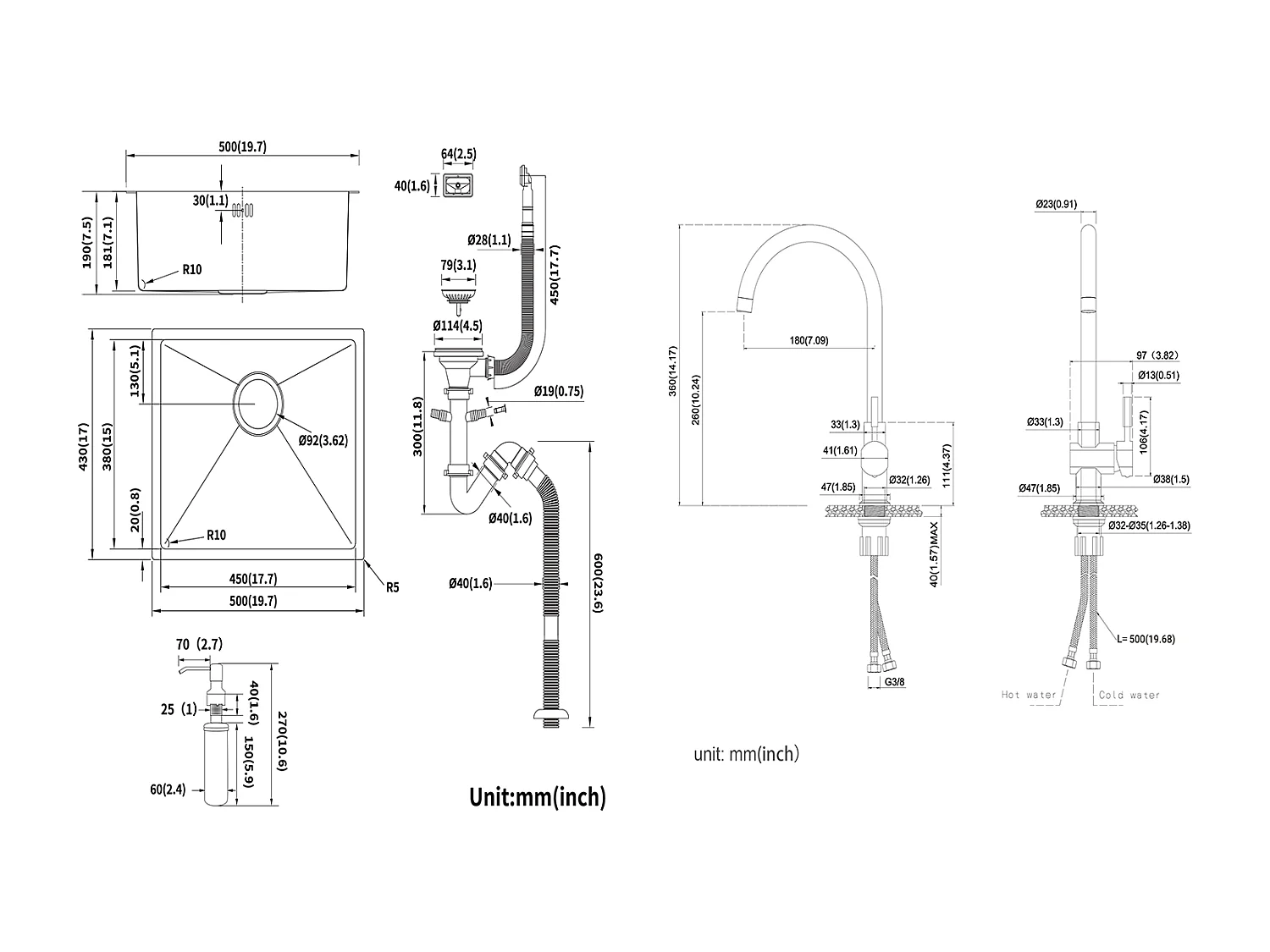 RVS Wastafel 1 Bak 50*43*18CM met Zeepdispenser+ Keukenkraan Verchroomd PIvotant 360° Koud /Warm Water