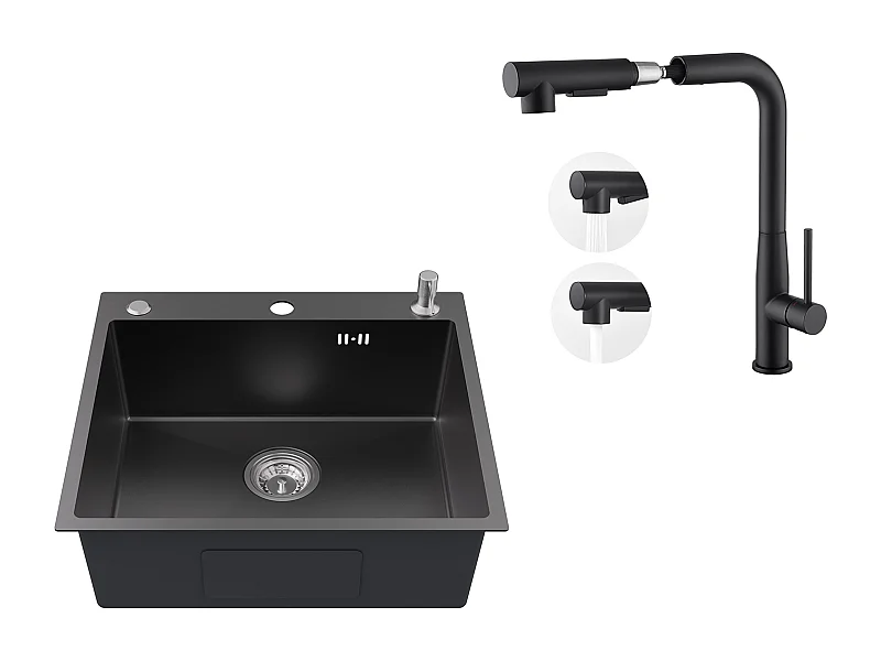 Evier Cuisine 1Bac 54*49*20 CM,Inox,Noir Gris,Evier avec Distributeur Savon+Robinet Cuisine avec Douchette Extractible,Rotatif 360°,Noir