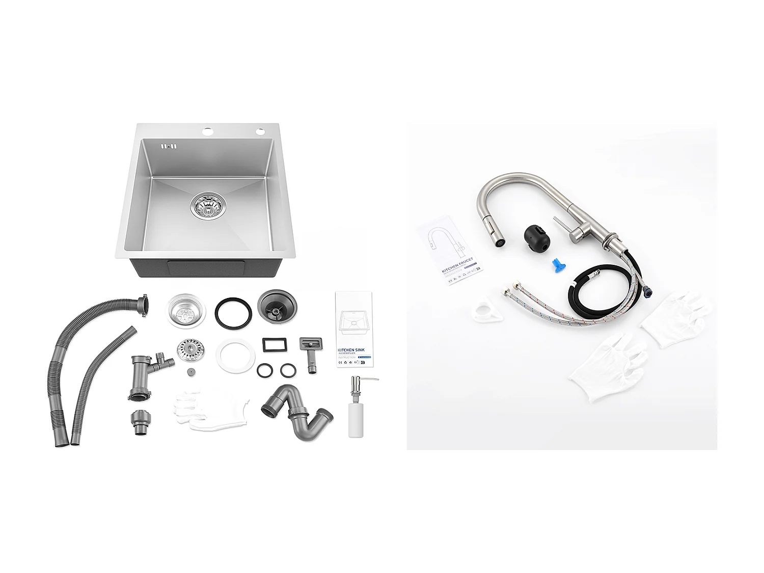 Aanrecht 1Bak Zilver,44*49*20 CM,met Zeepdispenser,Rox+Keukenkraan met Uittrekbare Douche,2 Straalmodi,Geborsteld