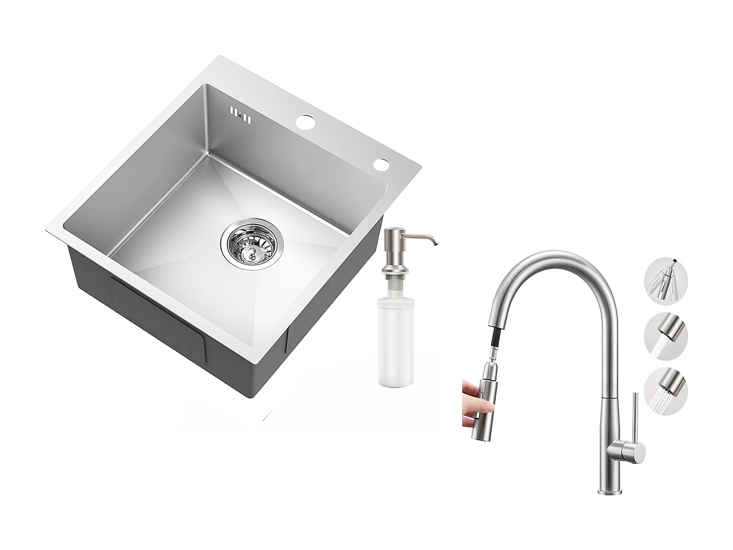 Évier Cuisine 1Bac Argent,44*49*20 CM,avec Distributeur Savon,Inox+Robinet Cuisine avec Douchette Extractible,2 Modes Jets ,Brossé