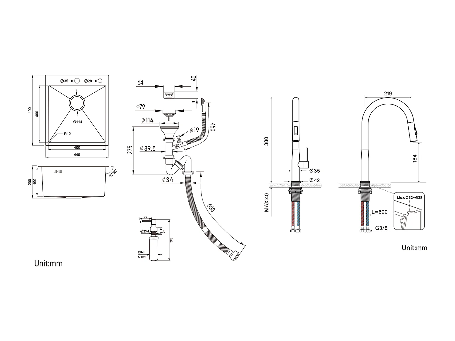 Évier Cuisine 1Bac Argent,44*49*20 CM,avec Distributeur Savon,Inox+Robinet Cuisine avec Douchette Extractible,2 Modes Jets ,Brossé