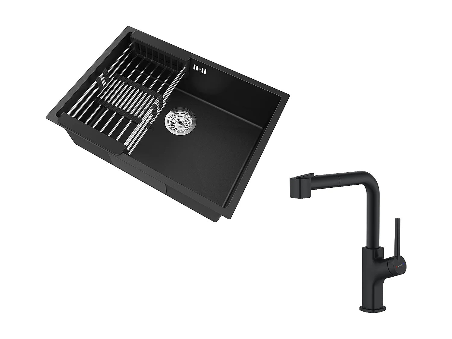 60 * 44 * 20 cm Einzelbecken-Küchenspüle, Edelstahl 304, Einbau-/Unterbauspüle mit Abtropfkorb, Schwarz + Schwarzer Küchenhahn mit ausziehbarer Brause, Zwei Düsen