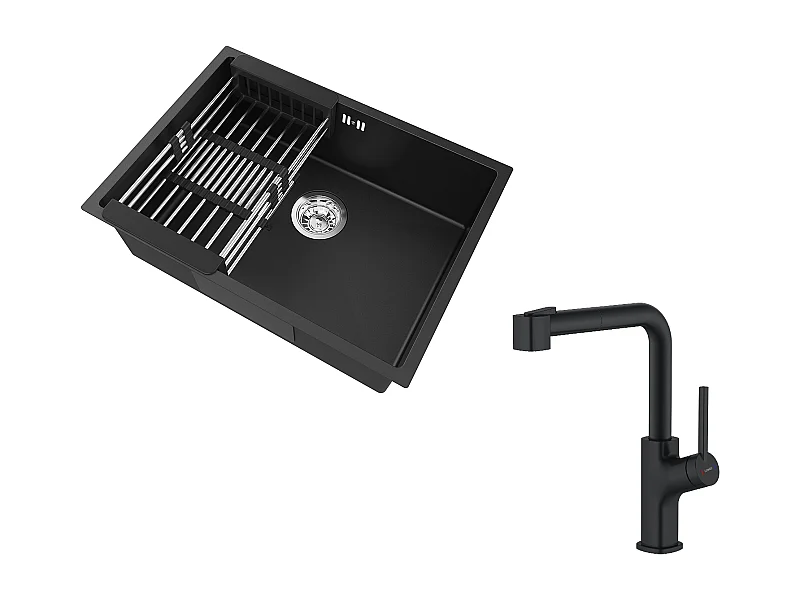 Lavello cucina 1 vasca 60*44*20CM,inossidabile 304, incasso/sottopiano con cestino drenaggio+rubinetto cucina nero con doccia estraibile,due getti